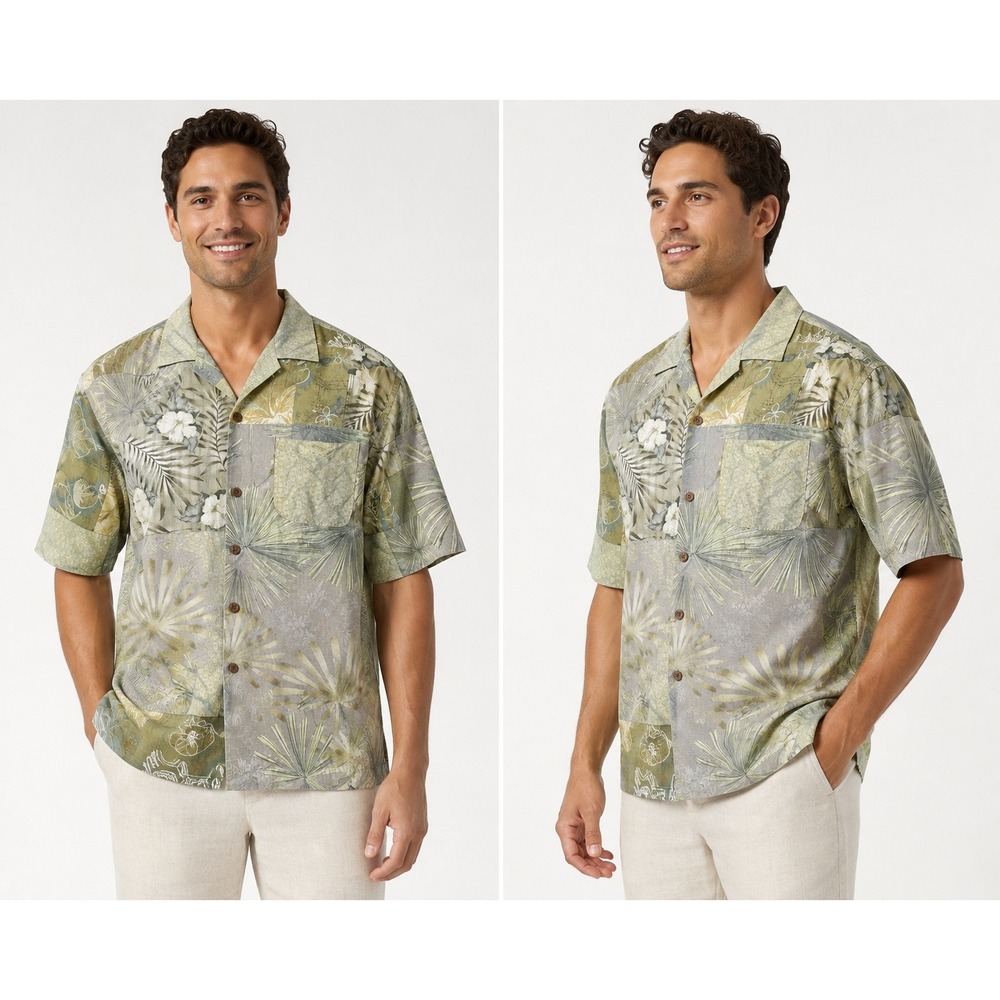 Tommy Bahama Mens Large Silk Patchwork Tropical Floral Camp Shirt Green 3051